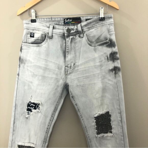 SWITCH Remarkable JEANS MEN'S 30 Acid Washed RIPPED Slim Taper PATCHES Hallyu - Picture 3 of 11